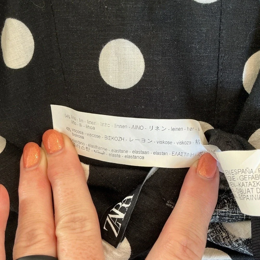 Zara Polka Dot Trousers Women XS Black White Linen Blend High‎ Rise Straight Leg